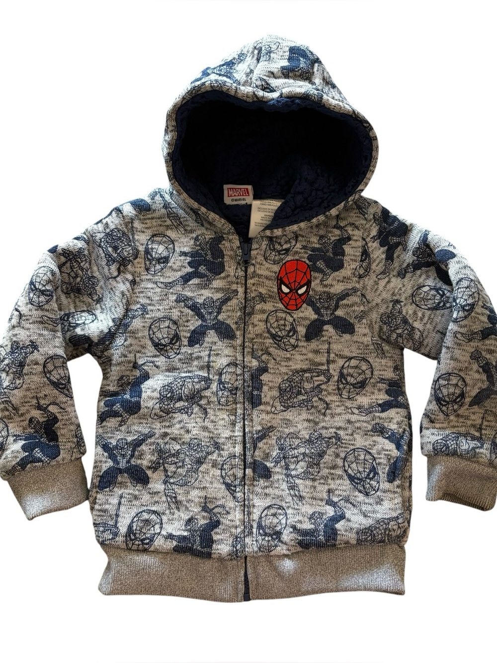 Marvel Spider-Man Boys Sherpa Lined Zip Up Hoodie Size 5 Gray Fleece Jacket